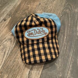 Von Dutch Tan Black Plaid Flannel Trucker Hat Cap Light Blue Mesh Snapback